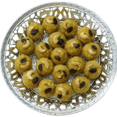 Boondi Laddu spheres, saffron pearls visible across the surface